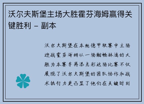 沃尔夫斯堡主场大胜霍芬海姆赢得关键胜利 - 副本
